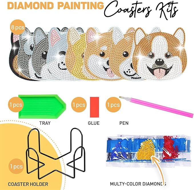 8 pcs Diamond Painting Coasters | Diamond Art Coasters | Dogs Diamond Art Painting | Perfect Art Craft Gift for Dogs Lover, Dad, Mom, Grandparents, Brother, Sister.