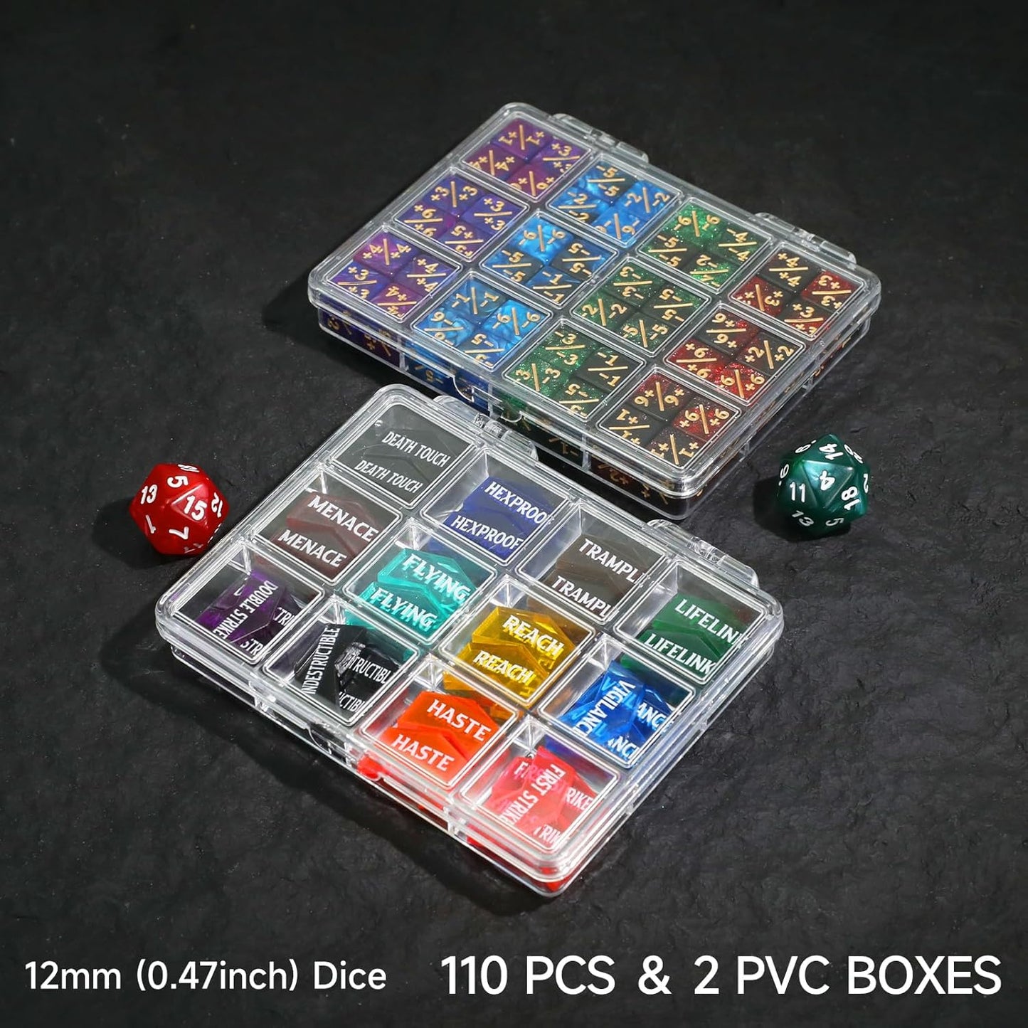 110PCS MTG Tokens & 12mm Life Counter Dice Set for Magic The Gathering with Box, Bulk Ability MTG Tokens D20 Loyalty 6 Sided Dice, Compatible with TCG CCG Magic Card Gaming Accessories
