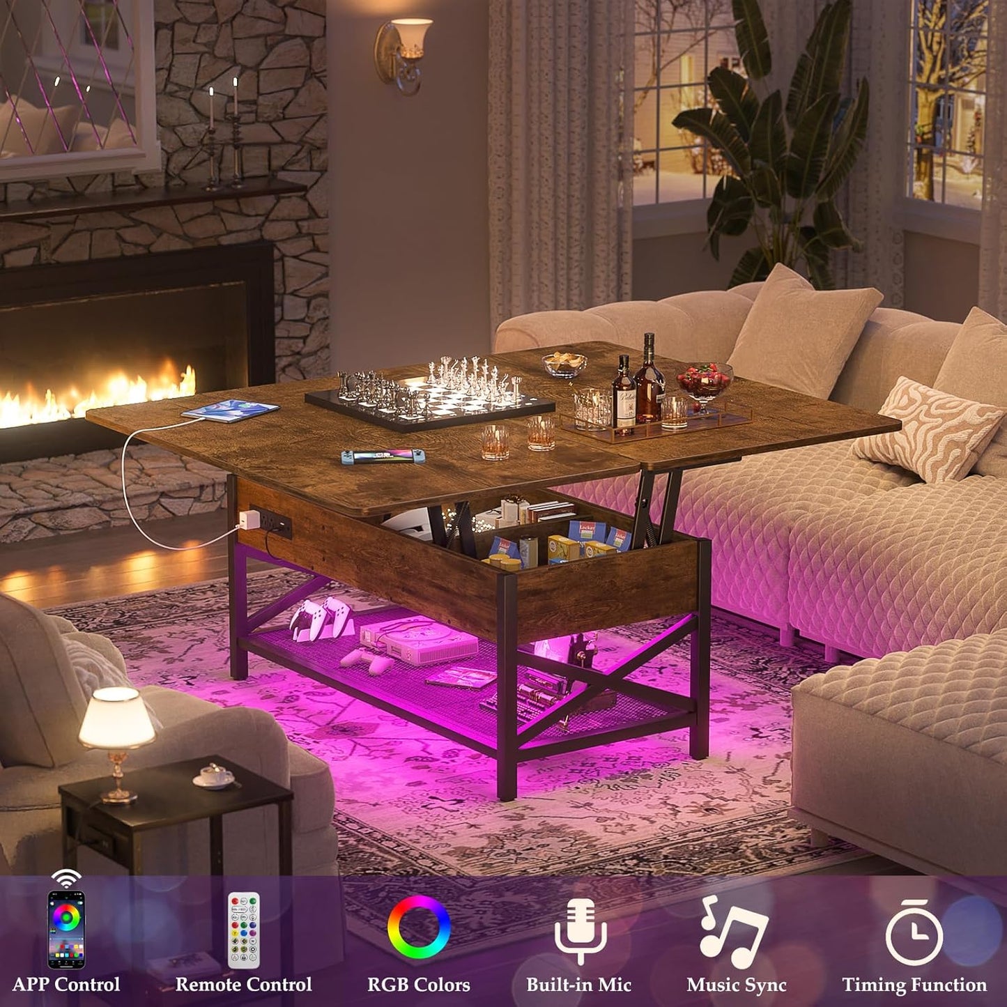 Aheaplus Coffee Table Lift Top with LED Light and Power Outlet, Multi-Function Coffee Table Converts to Dining Table, Center Table with Shelves for Living Room Reception Home Office, Rustic Brown