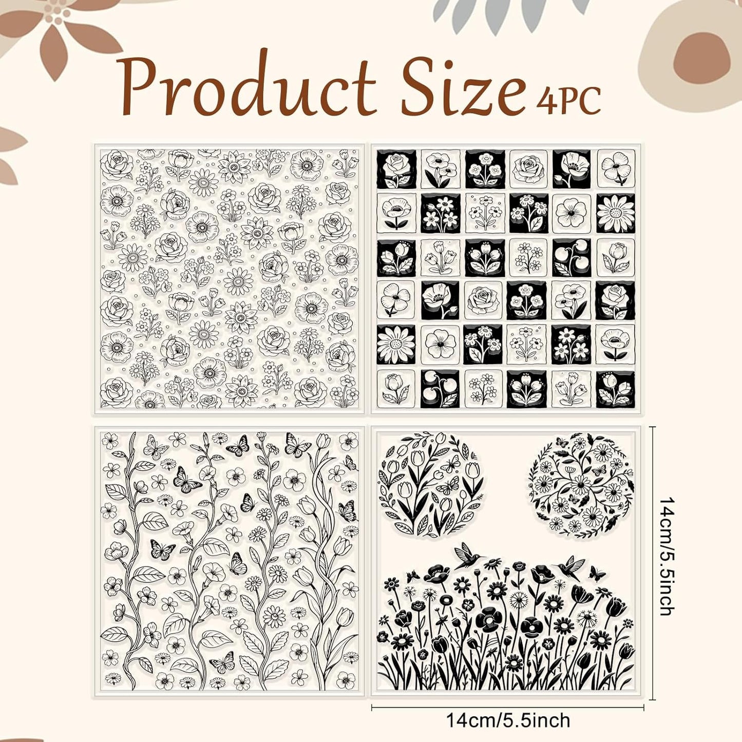 CHGCRAFT 4 Sheets 4 Styles Wildflowers Polymer Clay Texture Sheets Bushes Silicone Texture Stamp Hummingbirds Modeling Pattern Pad Texture Sheets for Making Earrings Jewerly, 5.5x5.5 inch