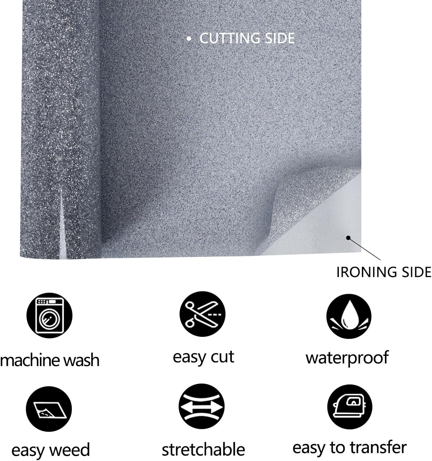 FUNKAKA Glitter Silver HTV Heat Transfer Vinyl Rolls, 12" x 8ft PU Iron on Vinyl for T-Shirt Silver Glitter HTV Vinyl for All Cutter Machines Easy to Cut & Weed for Heat Vinyl Design