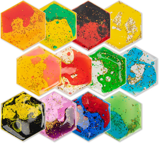 Art3d Hexagon Sensory Fidget Liquid Motion Tiles for Kids, Toddler, Teens - Interactive Soft Gel Liquid Play Mats for Home, Schools, Playrooms, Multi-Pack of 12 Tiles