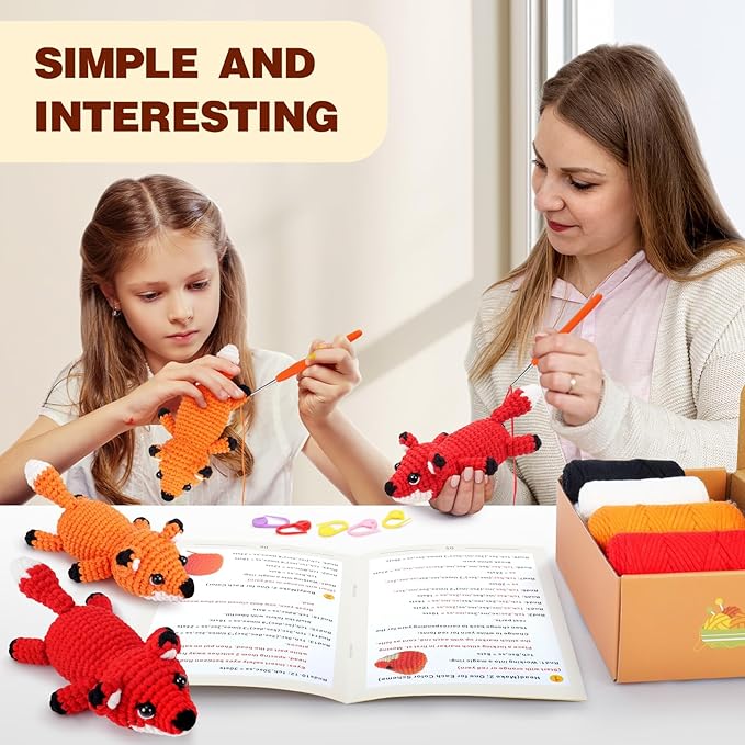 Fortuning's JDS Crochet Kit for Beginners - 2 PCS Fox Crochet Kits with Step-by-Step Video Tutorials, Beginner Crochet Kit for Adults, Crochet Animal Kit for Kids, Crochet Fox Set (Orange & Red)