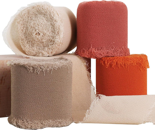TONIFUL 4 Rolls Silk Chiffon Ribbon 1-1/2 Inch x 22 Yards,Orange Khaki Brown and Rust Handmade Fringe Terracotta Ribbon for Gift Wrapping Bridal Bouquets Crafts Wedding Fall Thanksgiving Decoration