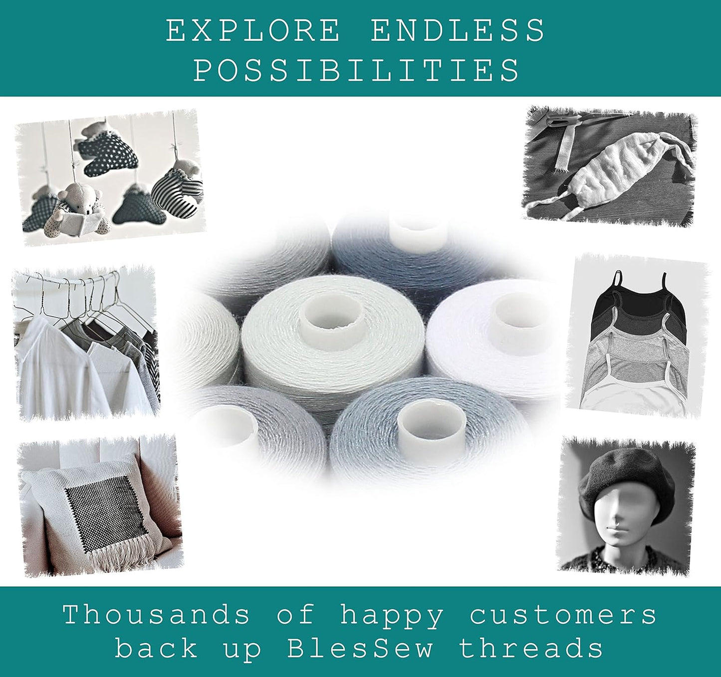 BlesSew Gray Sewing Threads - 10 Large Spools of Polyester Thread for Hand, Quilting & Sewing Machine - Grey Shades Plus Black & White - 1000 Yards Per Spool