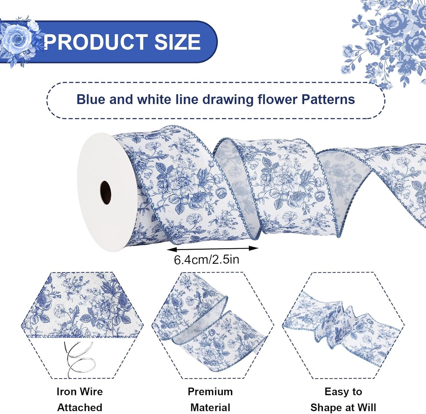 Generic AnyDesign Floral Wired Edge Ribbon Blue Flower Craft Ribbon Chinoiserie Decorative Fabric Ribbon for DIY Crafts Wreath Bow Making, 12 Yards