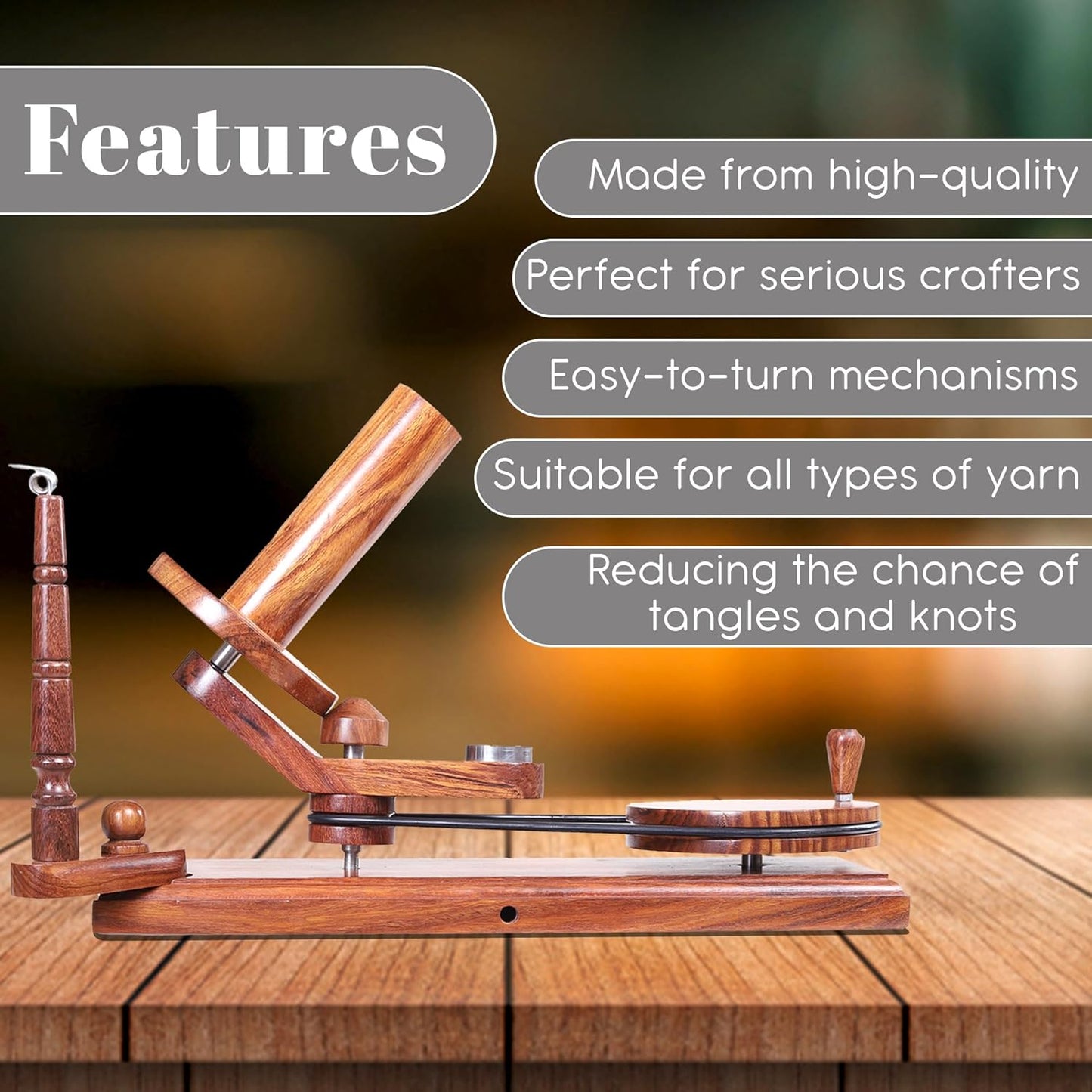 Yarn Winder – Large Handcrafted Wooden Ball Winder for Knitting, Crocheting & Weaving – Heavy-Duty Natural Rosewood Yarn Winder for 8-12 oz Yarn Cakes