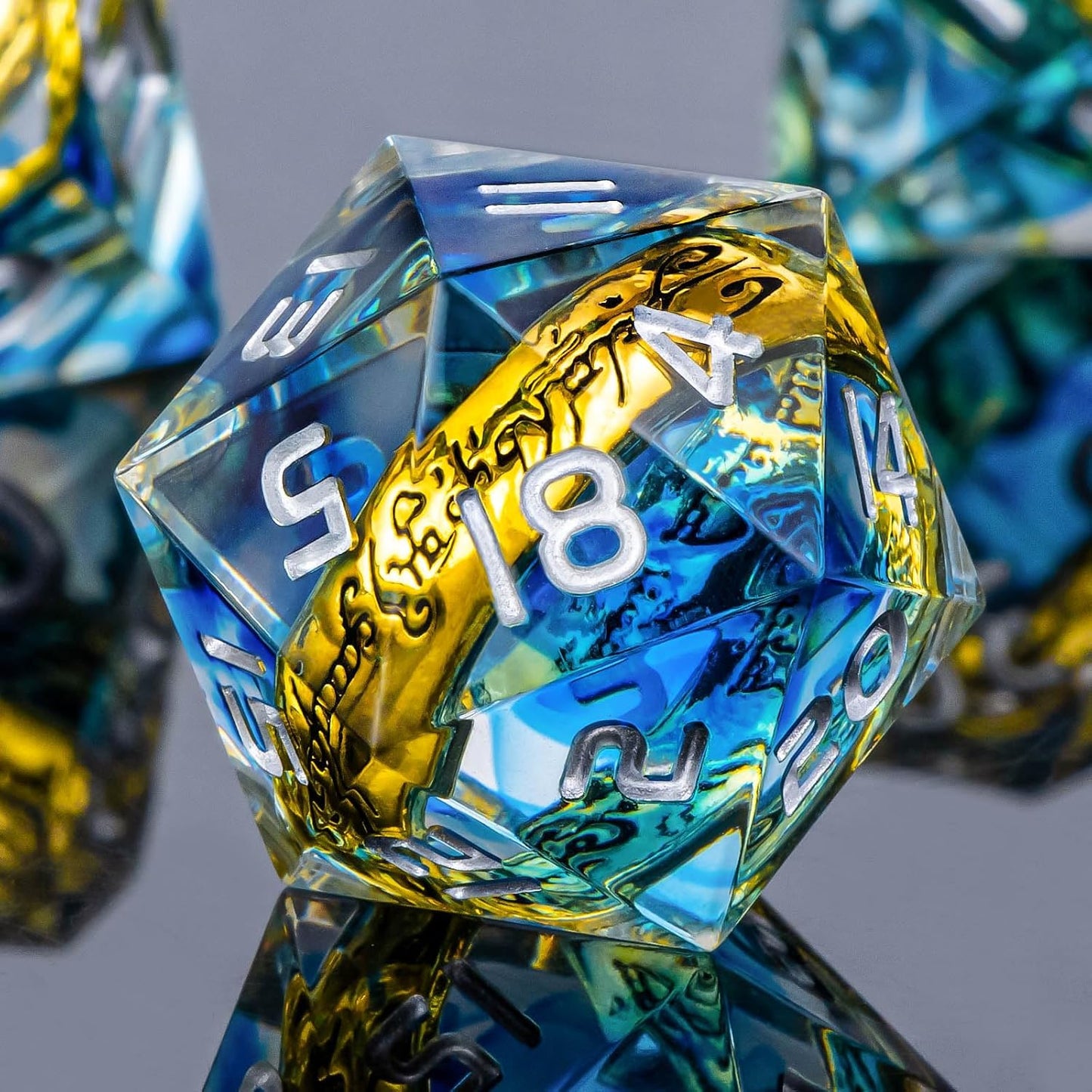 OUKELANWO Magic Lord Rings DND Dice Set with Box, 7Pcs Resin LOTR D&D Dice Set for Role Playing Game, Blue Dungeons Dragons D and D Sharp Edge Dice D20 D12 D10 D8 D6 D4