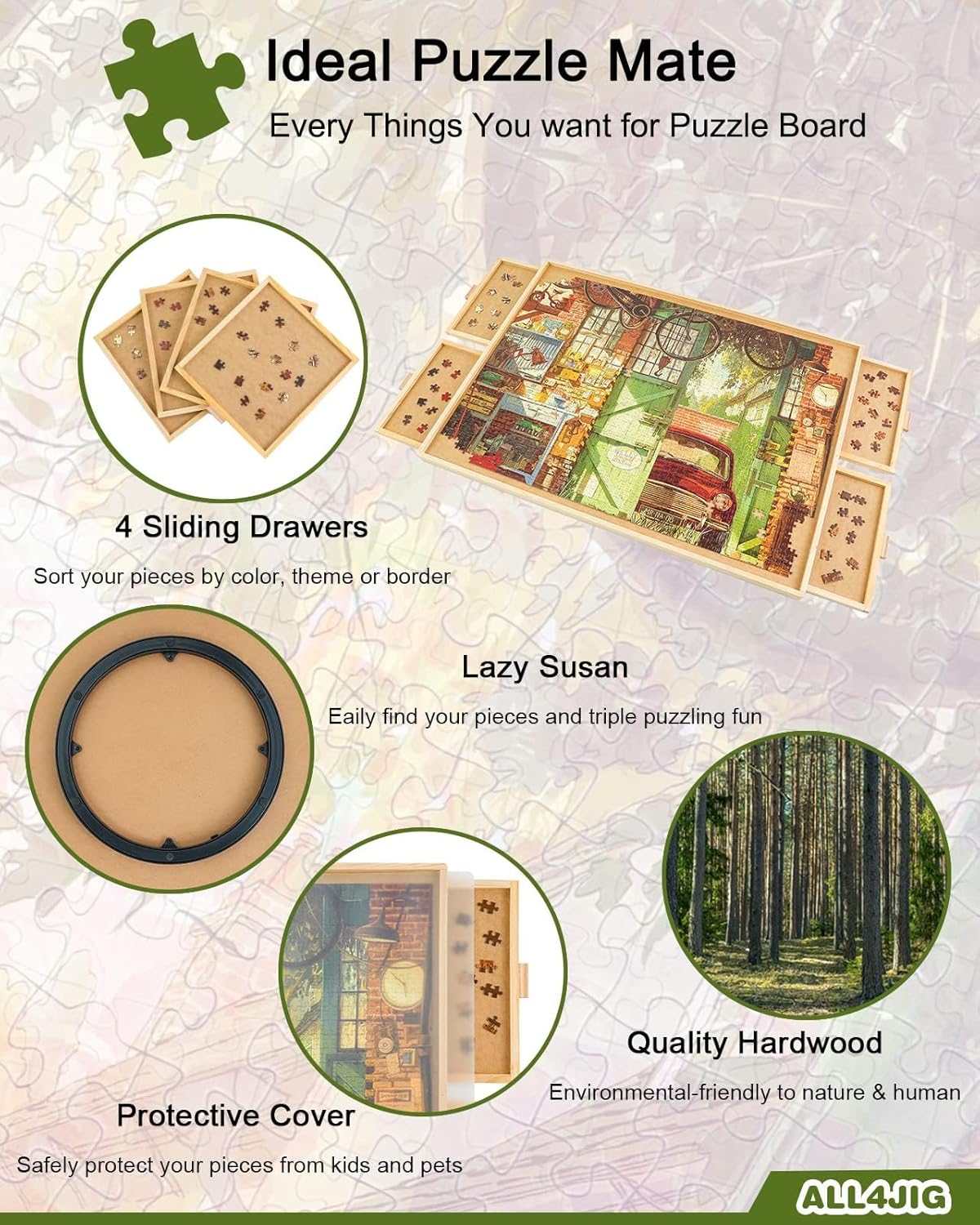 ALL4JIG 1000 Piece Rotating Puzzle Board with Drawers 22"x30"Portable Wooden Jigsaw Puzzle Table for Adults Portable,Lazy Susan Spinning Puzzle Boards Birthday Gift for mom