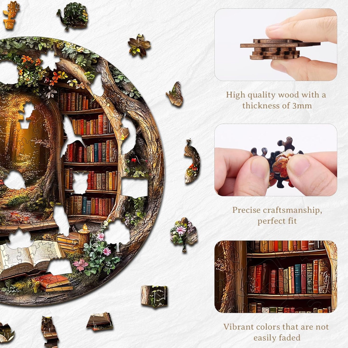 KAAYEE Wooden Puzzles for Adults, 3D Visual Effect Tree House Library Wooden Jigsaw Puzzle Unique Shape Wood Puzzle Adult, 3D Effect Flat Puzzle Birthday Family Games (M-11.4 * 11.4 in-200pcs)