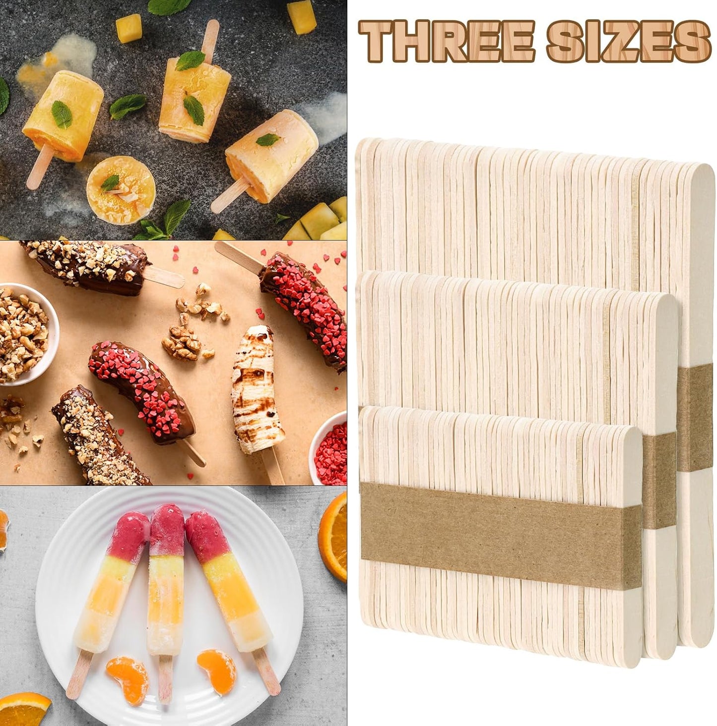 300PCS Wooden Sticks for Craft, 3 Sizes (2.5",4.5",6") Natural Wood Sticks Popsicle for Ice Cream Waxing Hair Removal and Wax Supplies Stir Classroom Art DIY Paint Craft Project Tongue Depressors