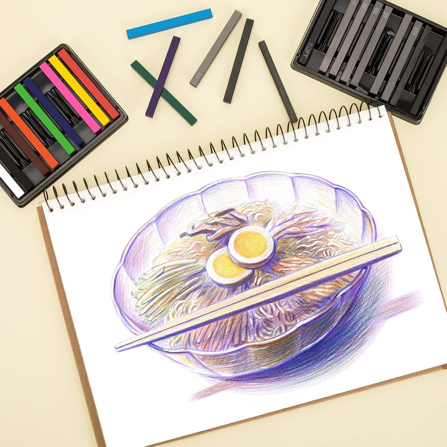 Chalk Pastels, Vine Charcoal and Graphite Sticks for Artists Drawing, Set of 24 Pcs