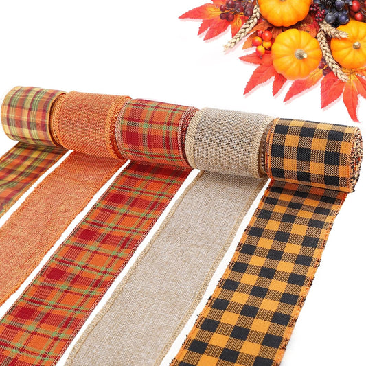 5 Colors Wreaths Burlap Ribbon - Total 27.3yards Thanksgiving Day Autumn Wired Edge Ribbon for Gift Wrapping Bows Rustic Crafts Supplies Weddings Holiday Fall Decorations - 2.4in Wide
