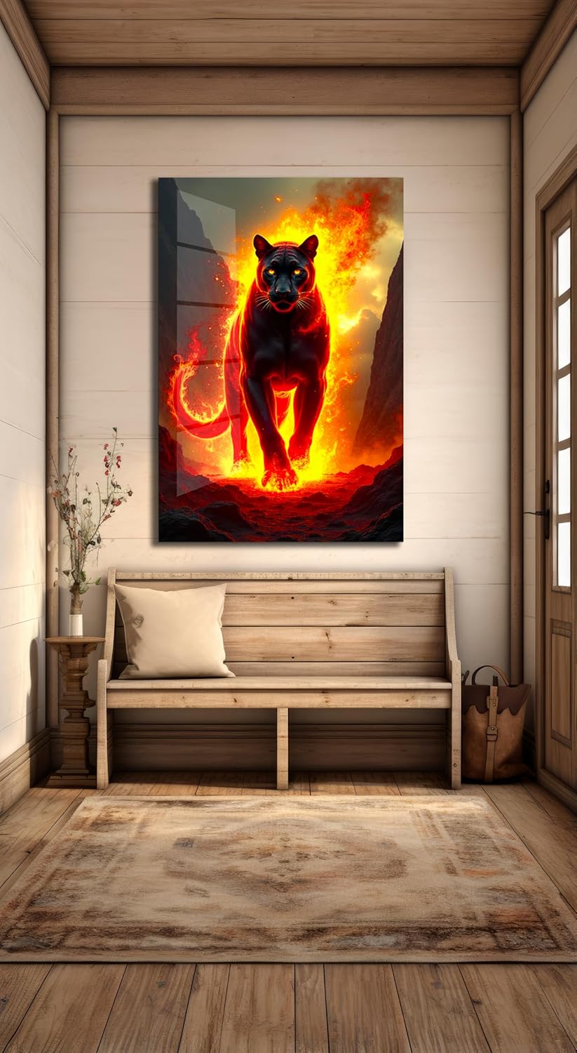 SpiritualHands Fiery Black Panther Glass Wall Art Painting for Living Room, Tempered Glass Modern Prints Decor, Large Vivid Color Panel for Bedroom, Kitchen, or Office