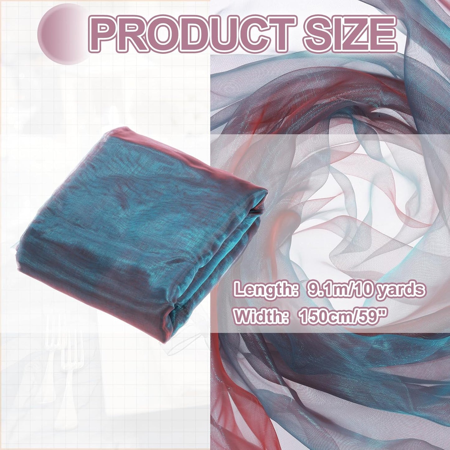 MECCANIXITY Iridescent Sheer Organza Fabric, 10 Yards x 59 Inches Solid Holographic Shiny Fabric Organza Cloth for Wedding, Curtains, Costume, Photo Background, Gradient Wine Red Blue
