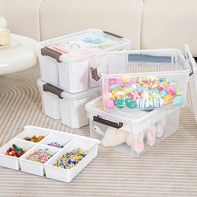 Citylife 17 QT Plastic Storage Box with Removable Tray and 6 Detachable Tall Inserts Craft Organizers and Storage Clear Storage Container for Organizing Crayon, Craft, Sewing, Playdoh, 4 Packs