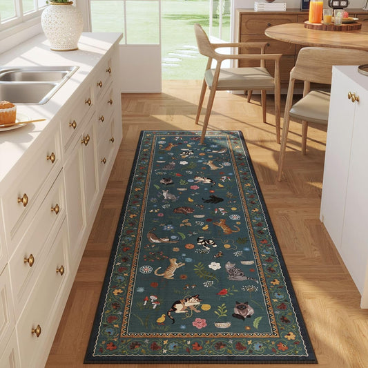 Rugcomf Runner Rug for Kitchen Non Slip 2'x6' Washable Rugs with Rubber Backing Soft Floral Animal Cat Carpet Runner for Kitchen Laundry Bedroom Bathroom, Pearl Gentian Blue