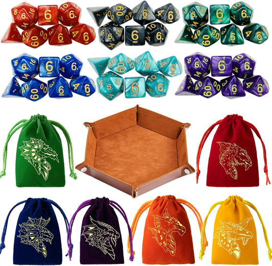 DND Dice Set 42 Pcs Polyhedral Dungeons and Dragons Rolling Dice for D&D RPG MTG Table Games Dice Bulk with Colorful Drawstring Bags and Dice Tray (Single)