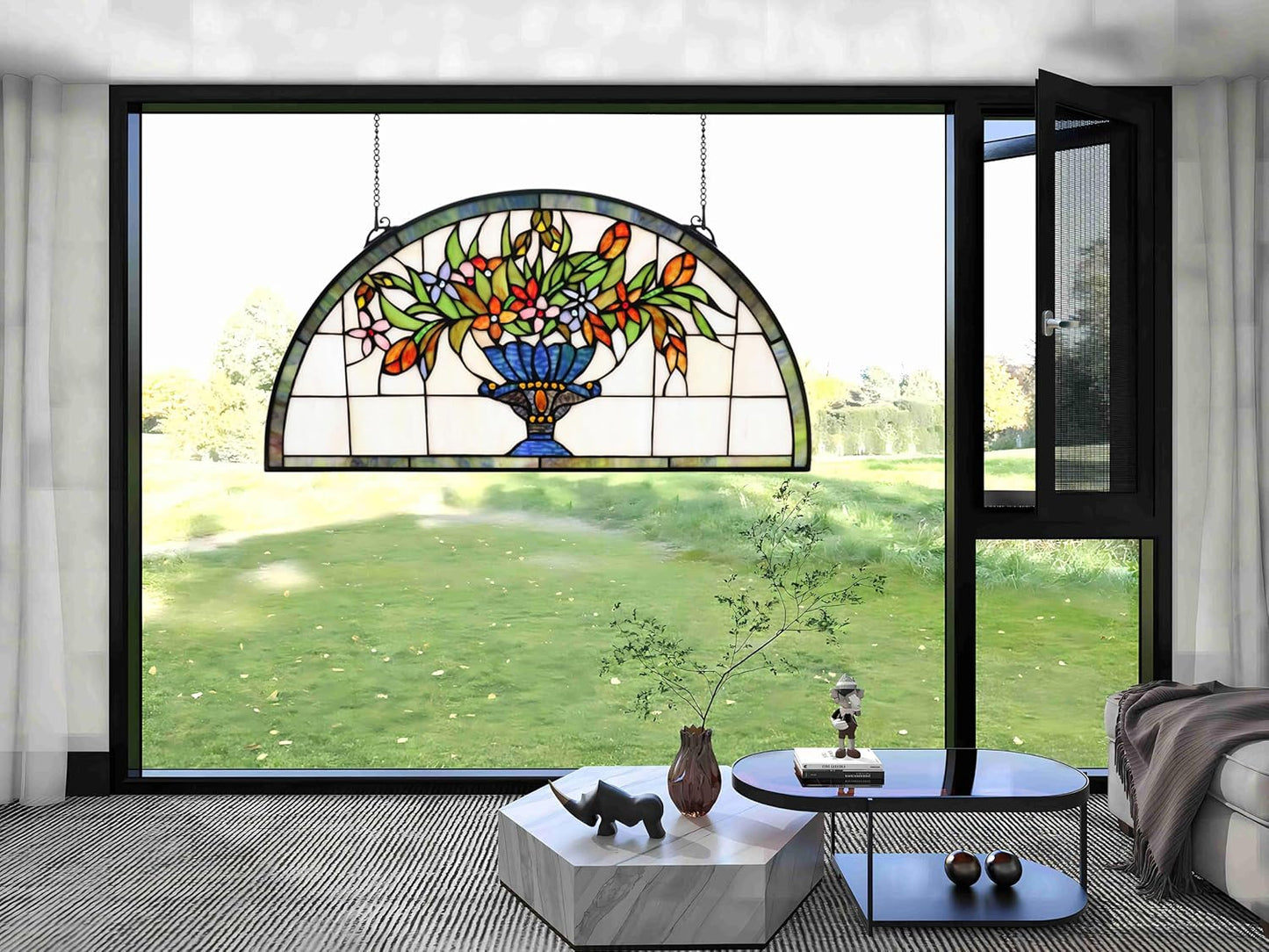 24 inch Flower Stained Glass Window Hanging Half Moon Shade,100% Real Stained Glass Panelfor Home Decor(YLK005)