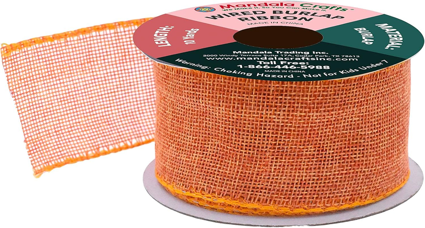 Mandala Crafts Orange Burlap Wired Ribbon 2 Inches Wide Jute Ribbons for Crafts - 10 Yds Roll Rustic Burlap Wrap Trim Ribbons for Wreaths Bows Party Decoration