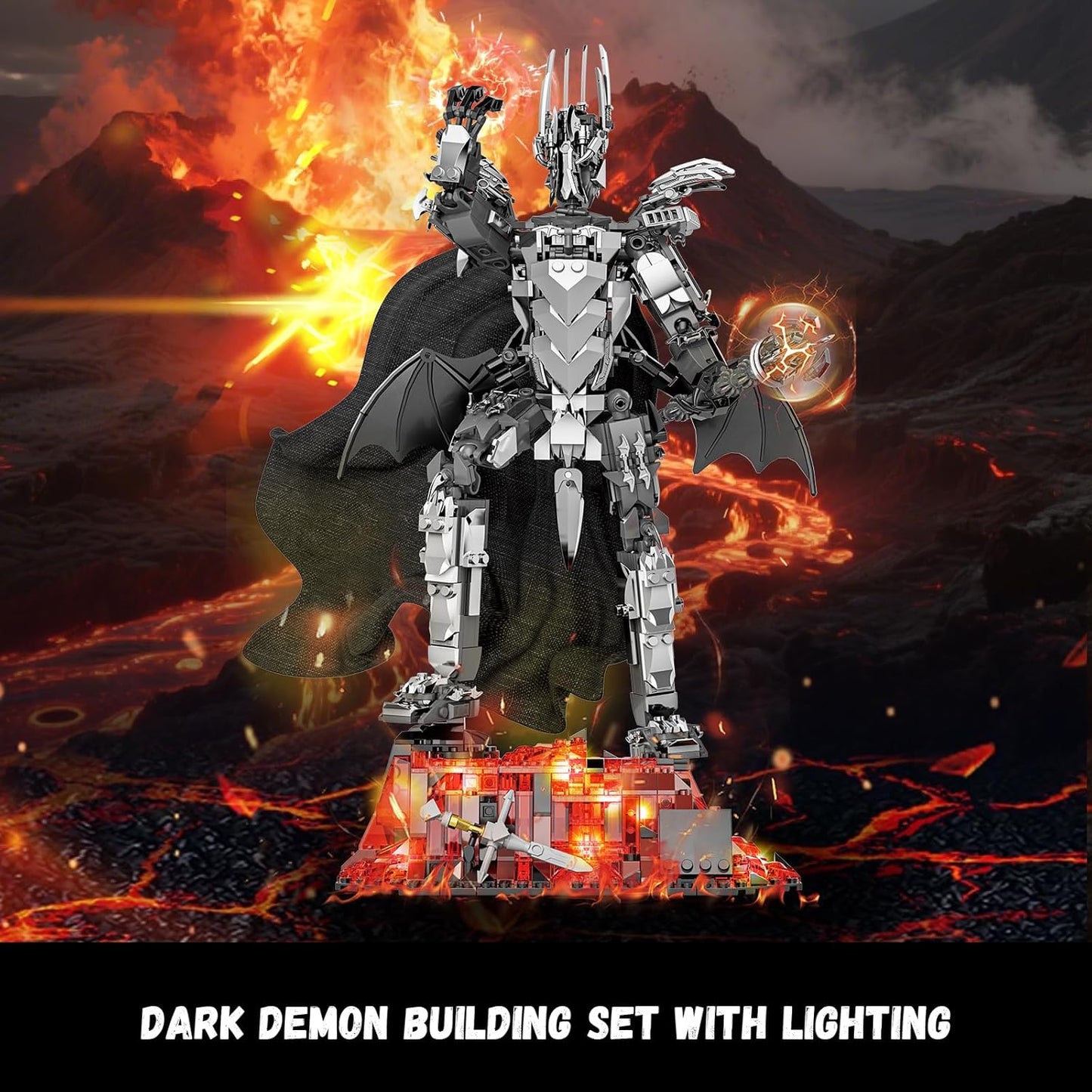 Dark Lord Building Set with Light Magma Base, Creative Demon Mech Display Model, Compatible with Lego Adults, STEM Christmas Birthday Gift Toy for Kids Boys 8-14 (879 PCS)