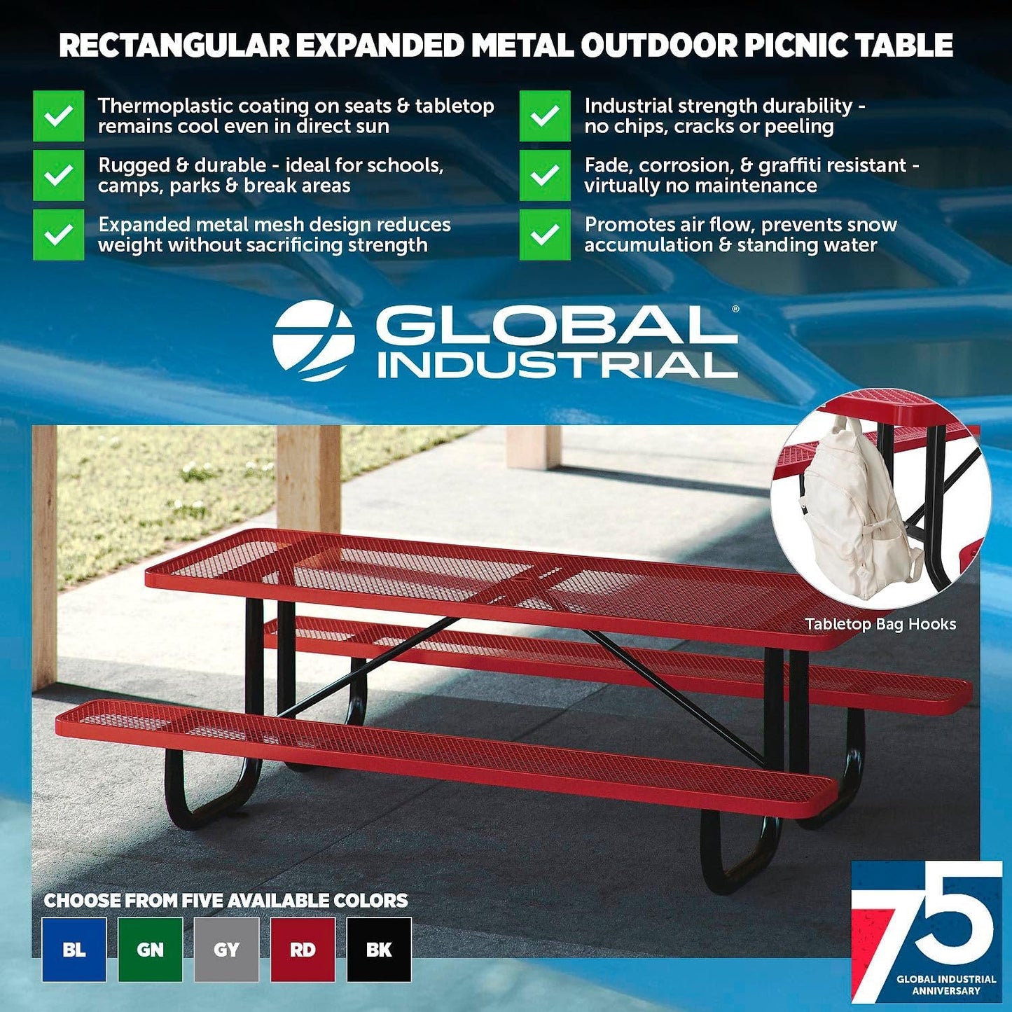 Global Industrial 6’L Rectangular Picnic Table, Expanded Metal, Green Thermoplastic Coating, Attached Benches, 1-1/2” Umbrella Pole Hole, Outdoor-Rated, 1000 lb Capacity, 72” x 30” Tabletop