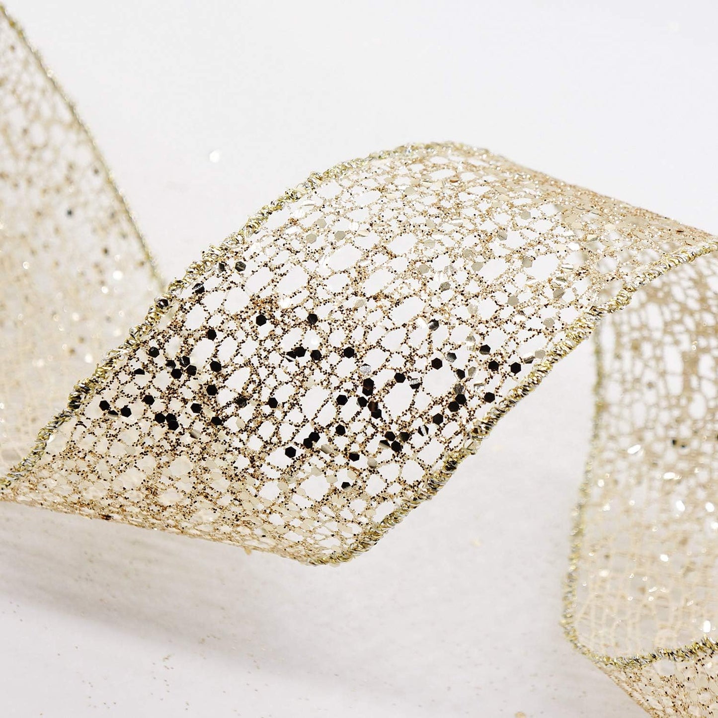 CT CRAFT LLC Sparkling Glitter Mesh Wired Ribbon 2.5" x 10 Yards Champagne Gold for Christmas Home Decor Bow Gift Wrapping DIY Crafts Wreath