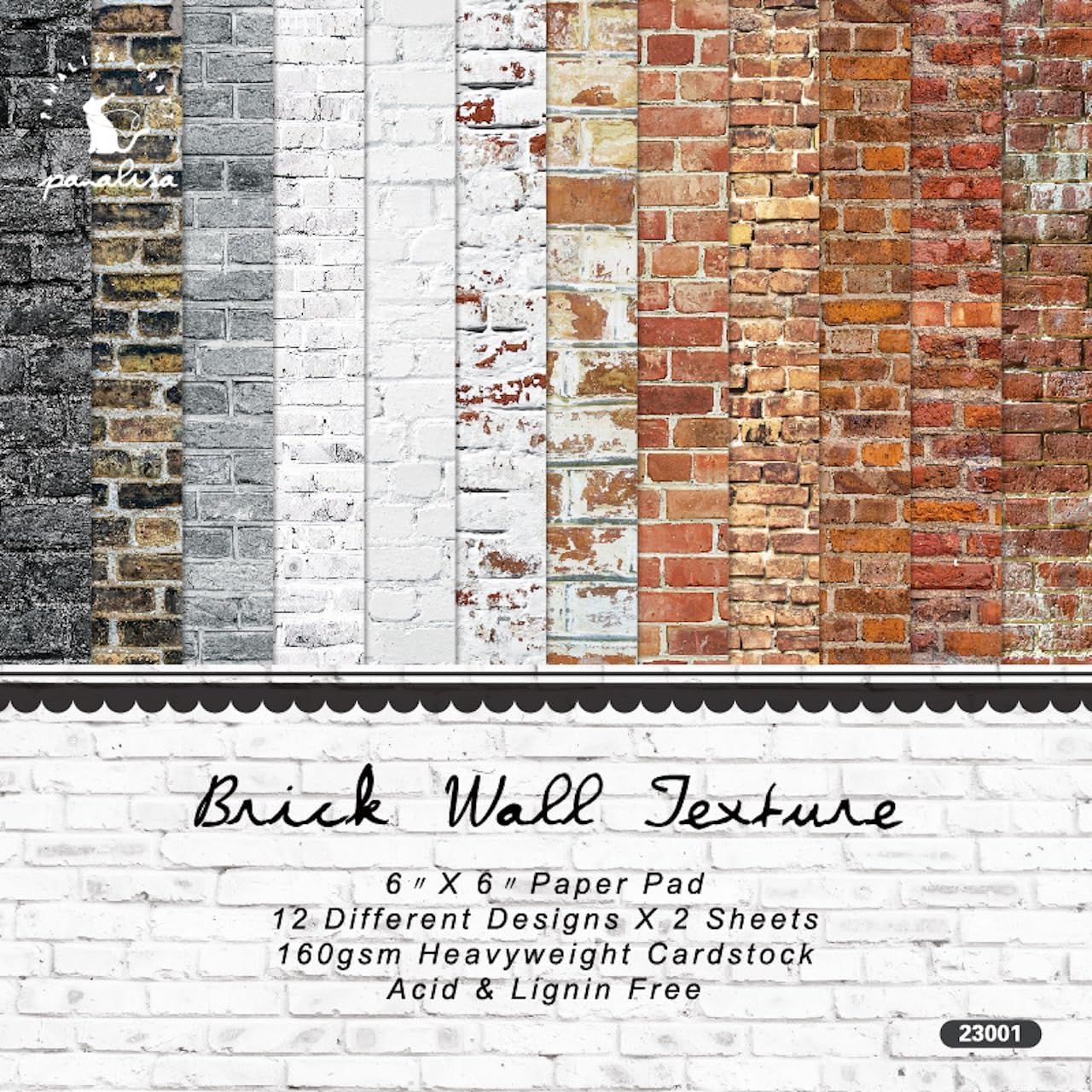 6x6 Brick Wall Texture Scrapbook Paper Pad | 24 Sheets (12 Designs) 160gsm Cardstock | Realistic Red, Whitewashed & Gray Brick Patterns for Dioramas, Dollhouses, Junk Journals & Crafts