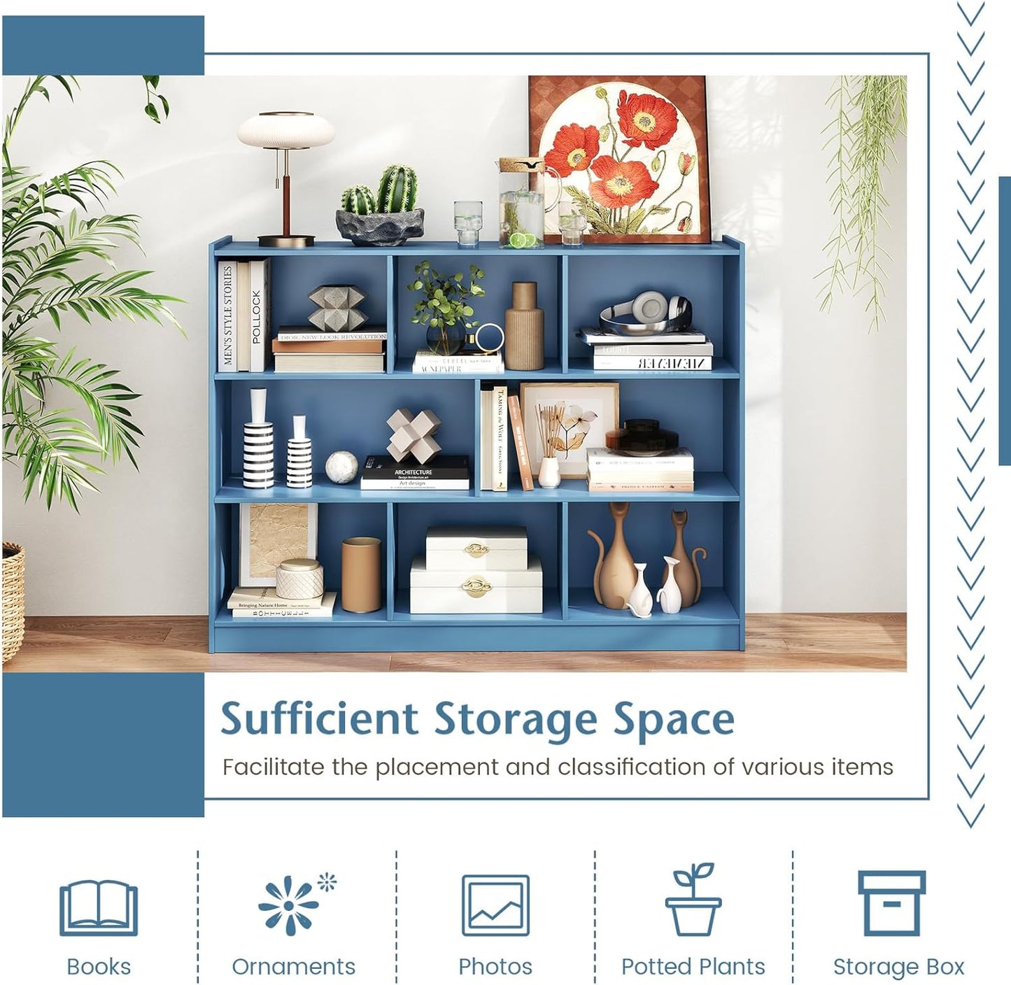 Giantex 8 Cube Bookcase, Freestanding 3-Tier Open Bookshelf, Modern Storage Display Cabinet, Wood Cube Storage Organizer for Living Room, Kid’s Room, Bright Blue