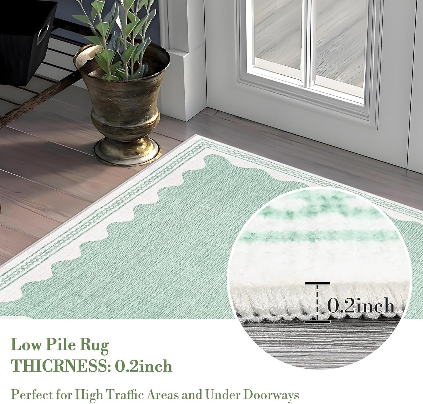 Scalloped 3x5 Rugs for Entryway, Small Area Rug Solid Green Rug for Bedroom Girls, 3x5 Washable Rugs for Living Room, Non Slip Scalloped Bath Mat, Soft Dorm Nursery Carpet for Bedside