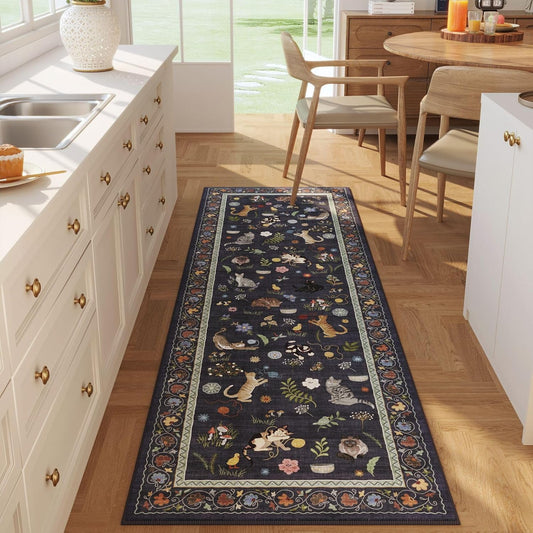 Rugcomf Runner Rug for Kitchen Non Slip 2'6''x8' Washable Rugs with Rubber Backing Soft Floral Animal Cat Carpet Runner for Kitchen Laundry Bedroom Bathroom, Cobalt Blue