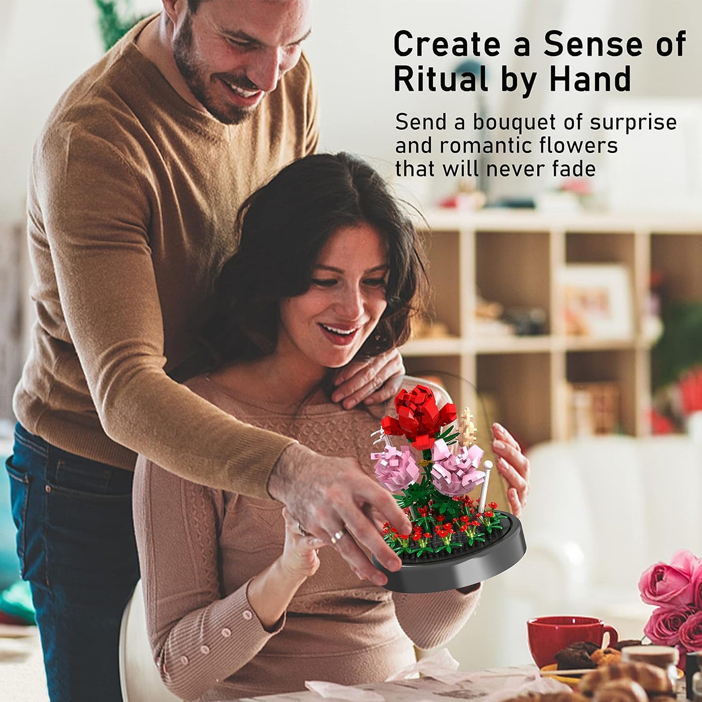 Flower Bouquet Building Kit, 524 Pcs Mini Bricks Building Blocks Sets, Forever Rose Decorated Flower with Dust Cover, Valentine's Day Gifts for Her Mom Women (Rose Flower)