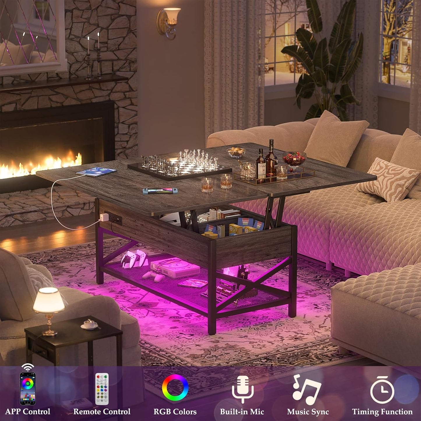 Aheaplus Coffee Table Lift Top Multi-Function Coffee Table Converts to Dining Table, with LED Light and Power Outlet, Center Table with Shelves for Living Room Reception Home Office, Black Oak