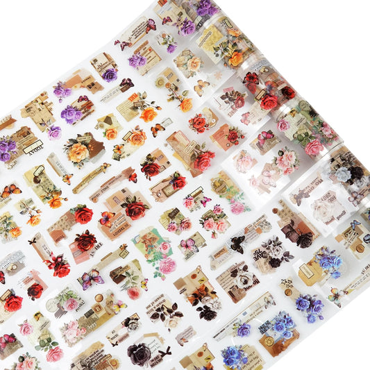 6Pcs Floral PET Tapes, Vintage Pre-Cut Tapes for Journaling, Scrapbooking, and Junk Journal Supplies, with Decorative Clip