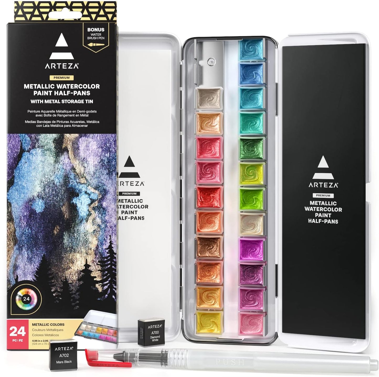 ARTEZA Watercolor Paint Set, 24 Metallic Watercolor Paints, Glitter Watercolor Paint in Half Pans, Travel Watercolor Set