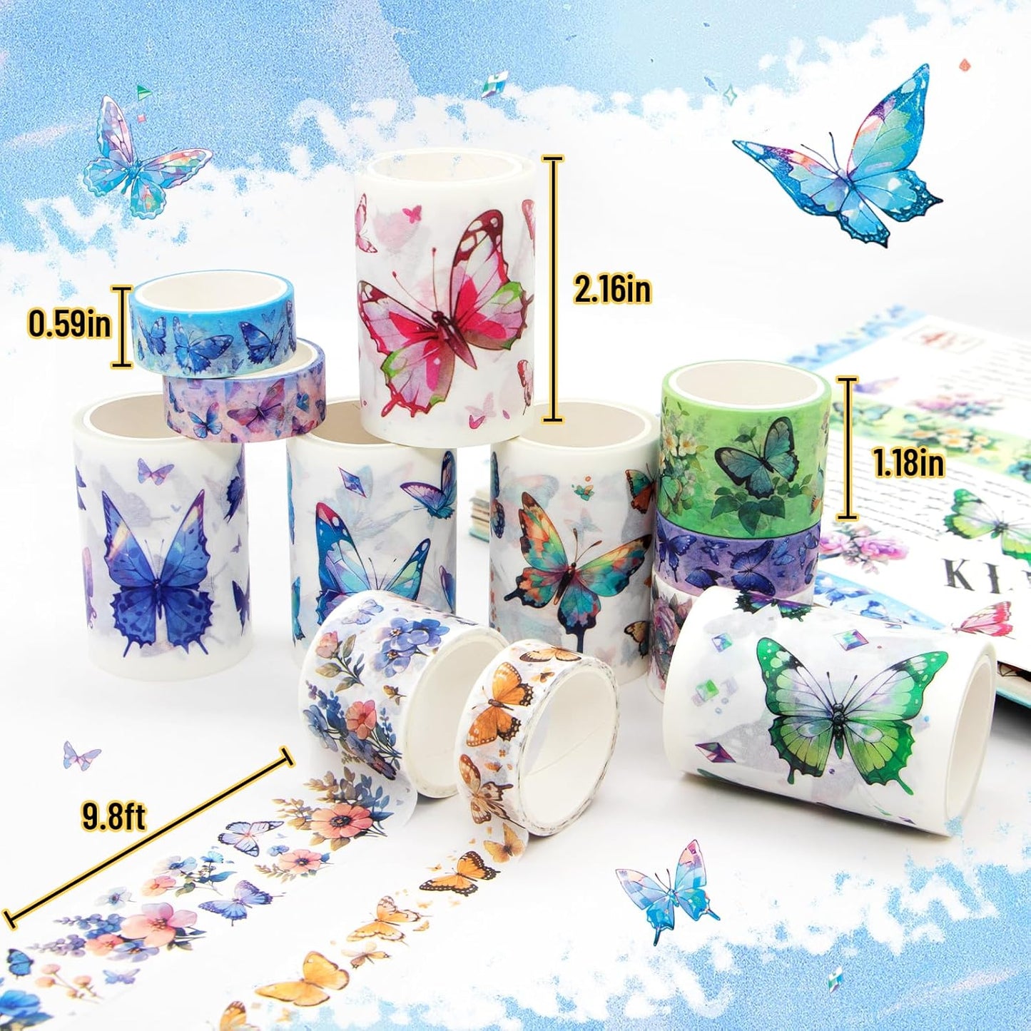 Washi Tape Set 12 Rolls - Over 700 PCS Butterfly Stickers, Washi Tape Stickers for Scrapbooking Supplies, Bullet Journaling Supplies, Junk Journal, DIY Crafts Art