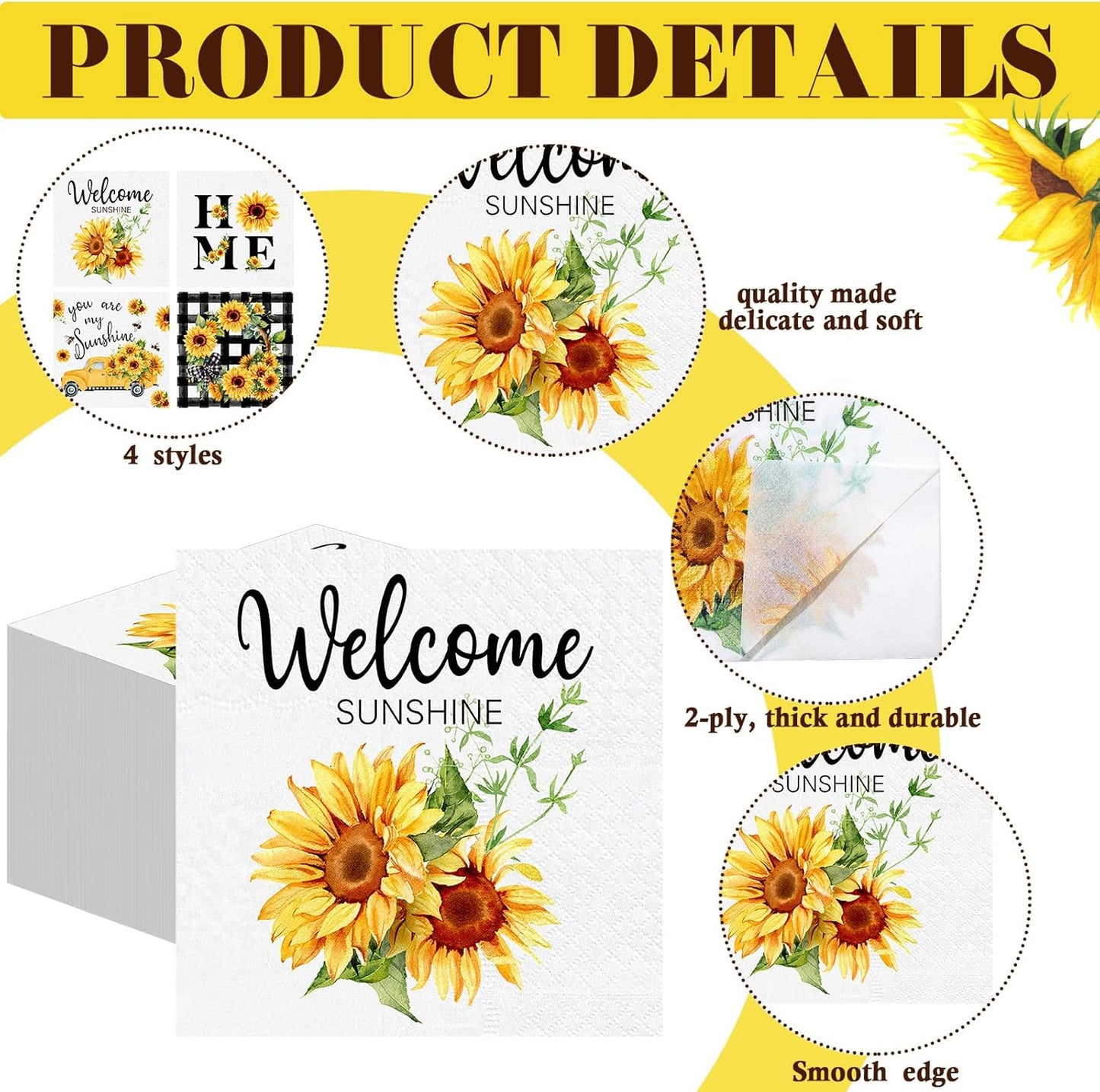 Fulmoon 200 Pieces Summer Sunflower Cocktail Napkins Disposable Floral Dessert Paper Napkins Bulk Sunshine Decoupage Beverage Towel for Summer Sun Party Dinner Decorative