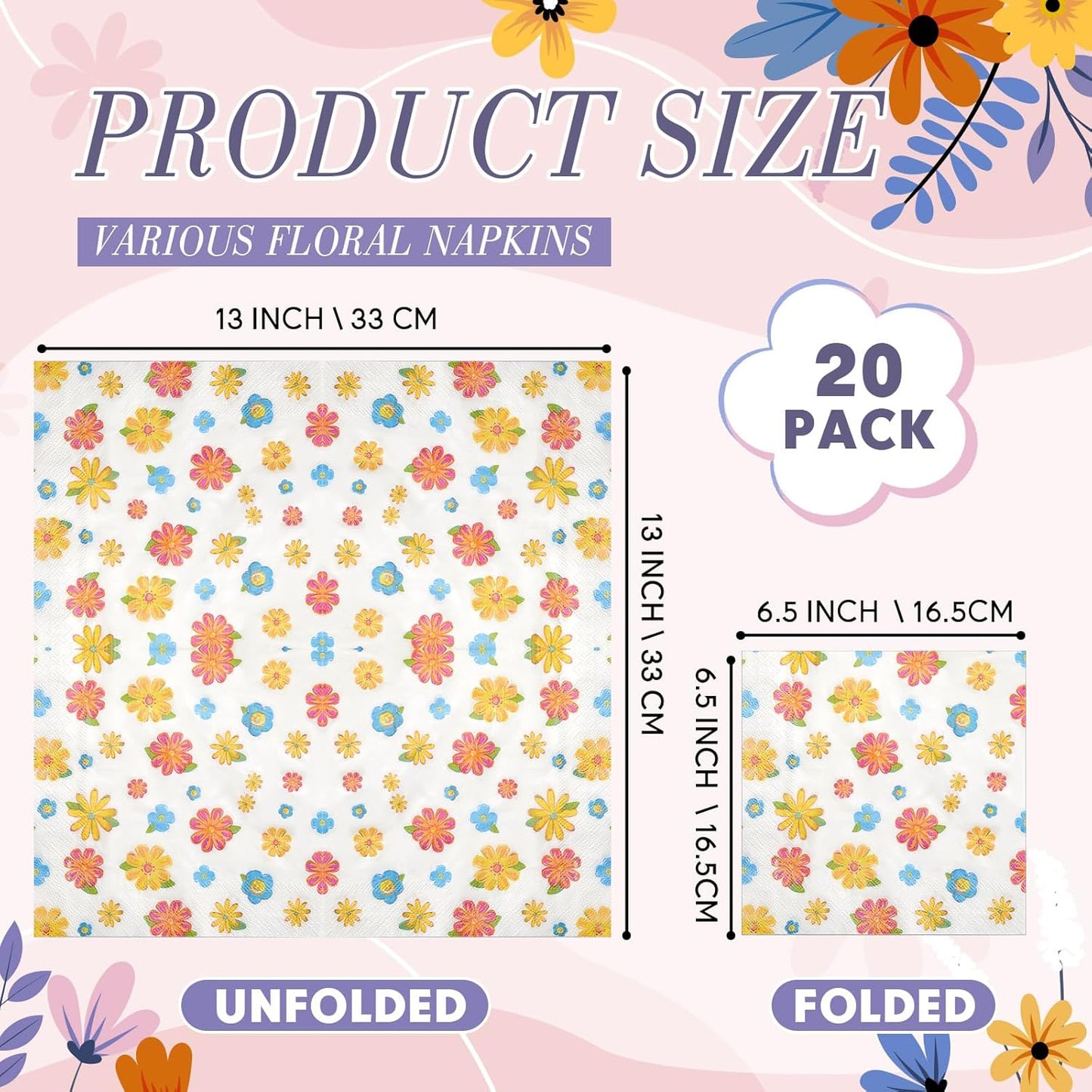Crtiin 36 Pack 9 Styles Decoupage Napkins Assorted Floral Decorative Decoupage Napkins Chinoiserie Cocktail Paper for DIY Crafting Birthday Party, Each Unfolded 13 Inch (Little Colorful Floral)