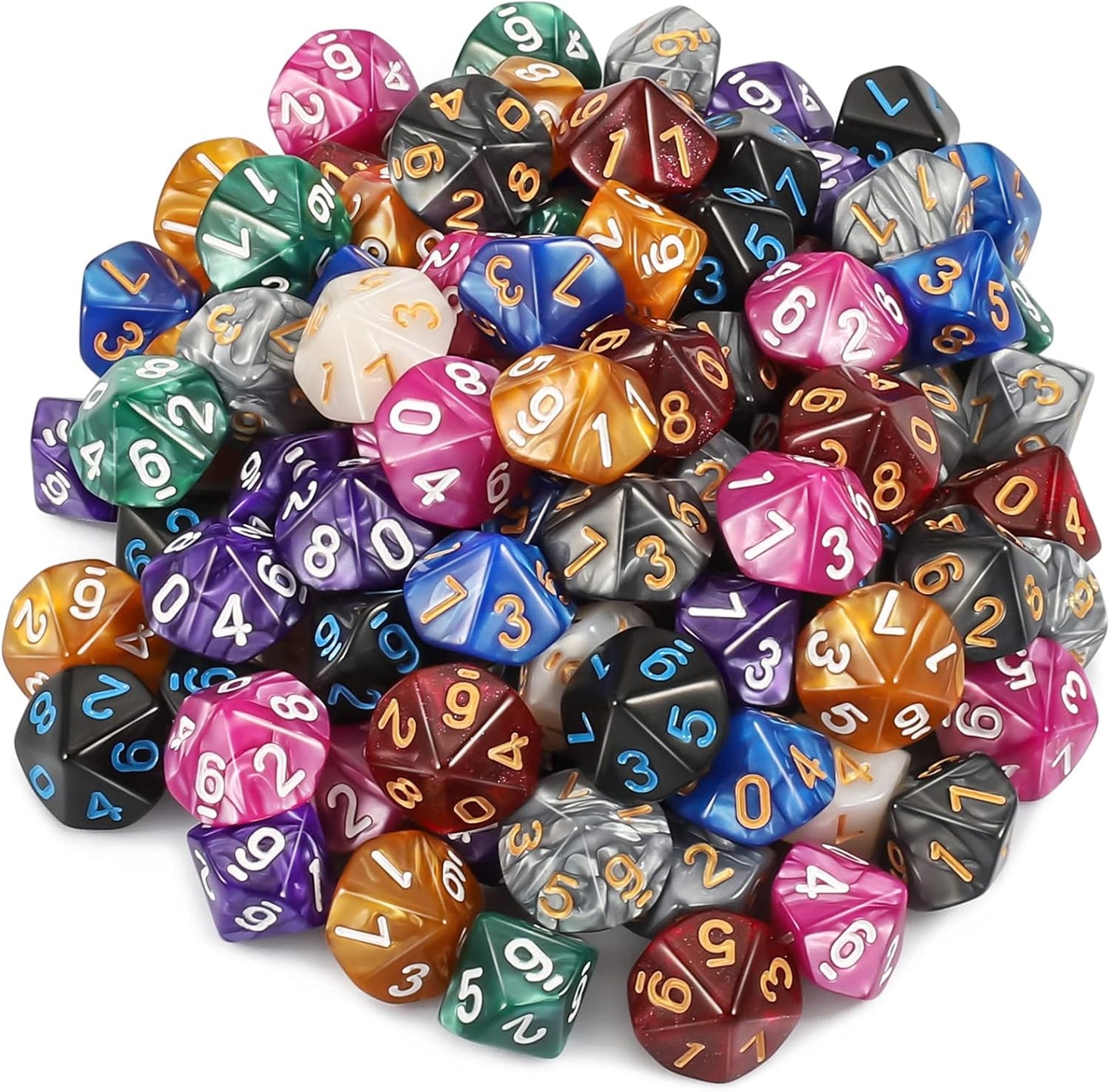 CiaraQ DND Polyhedral Dice (100pcs) with A Dice Bag Compatible with Dungeons and Dragons DND RPG MTG Role Playing Table Games (D10 dice, 10 colors-100 pcs)