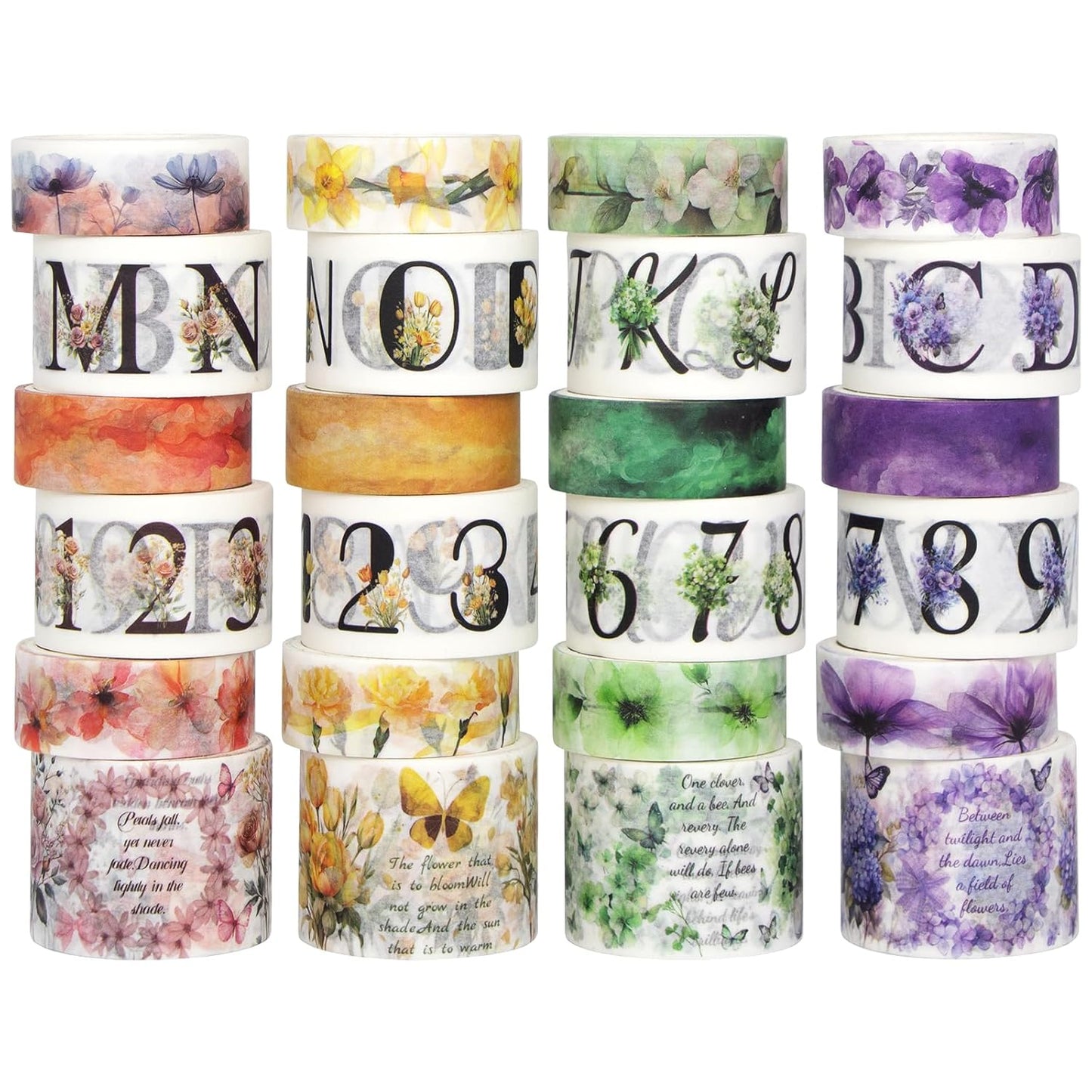 24 Rolls Washi Tape Set - Floral Alphabet Themed Decorative Masking Tape, Adhesive Artists Tape for Journaling Supplies, DIY Craft, Scrapbooking Supplies, Gift Wrapping, School Supplies