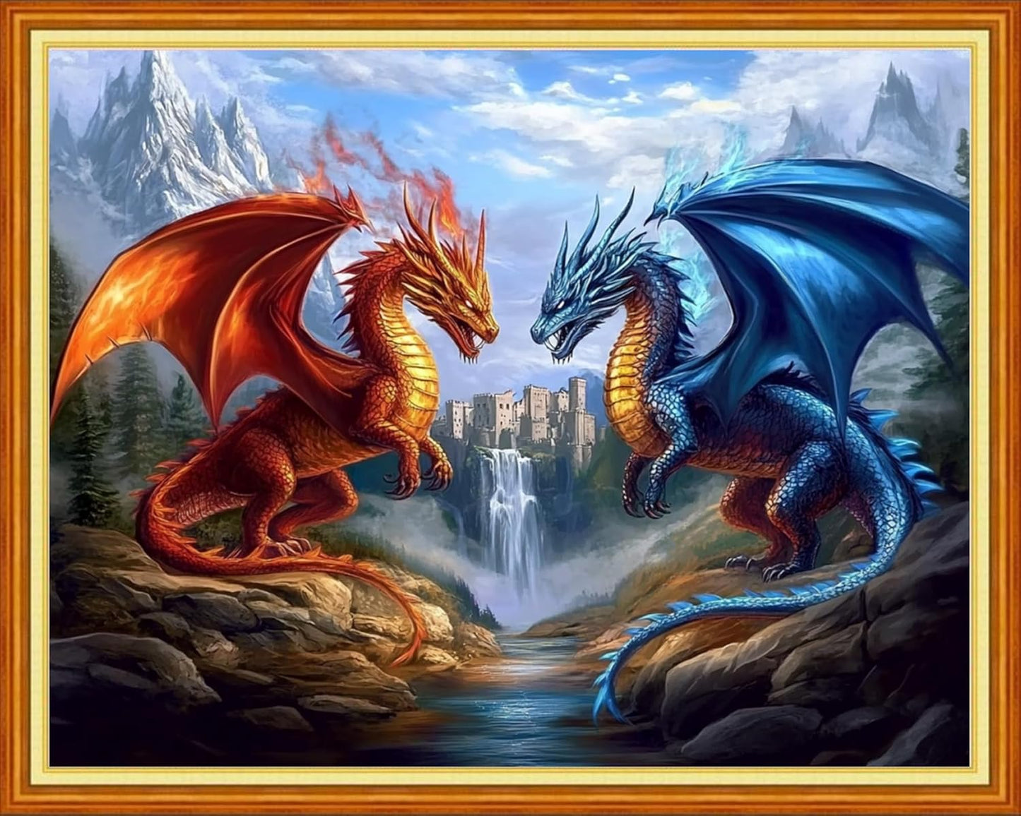 Redxing Stamped Cross Stitch Kits Full Range of Embroidery Starter Kits- Needlepoint Counted Cross Stitch Kits for Beginner Adults 11CT Printed Embroidery Kit-Water Fire Dragon Landscape 16x20 inch