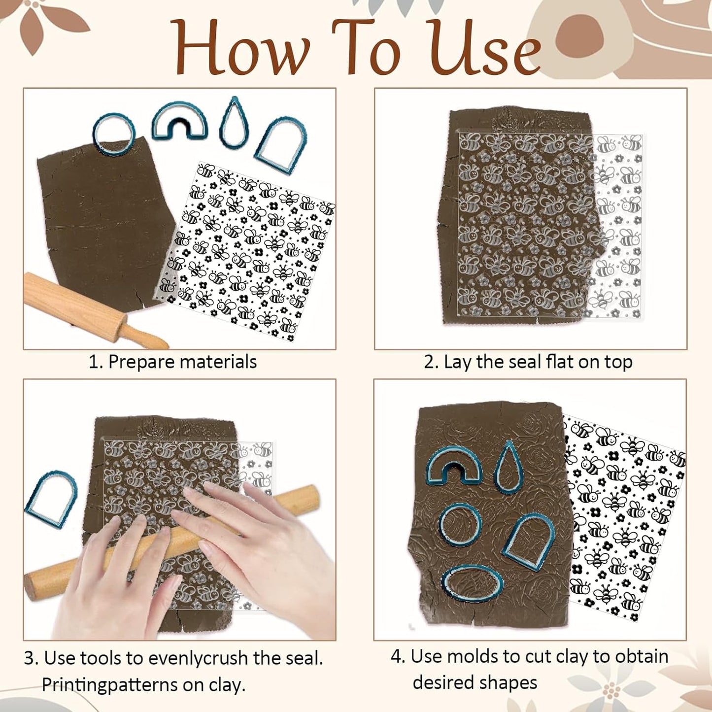 CHGCRAFT Cartoon Bees Pattern Polymer Clay Texture Sheet Seamless Flowers Pattern Silicone Texture Mat for Polymer Clay Making Earrings Jewelry DIY Crafts 5.5 × 5.5 Inch