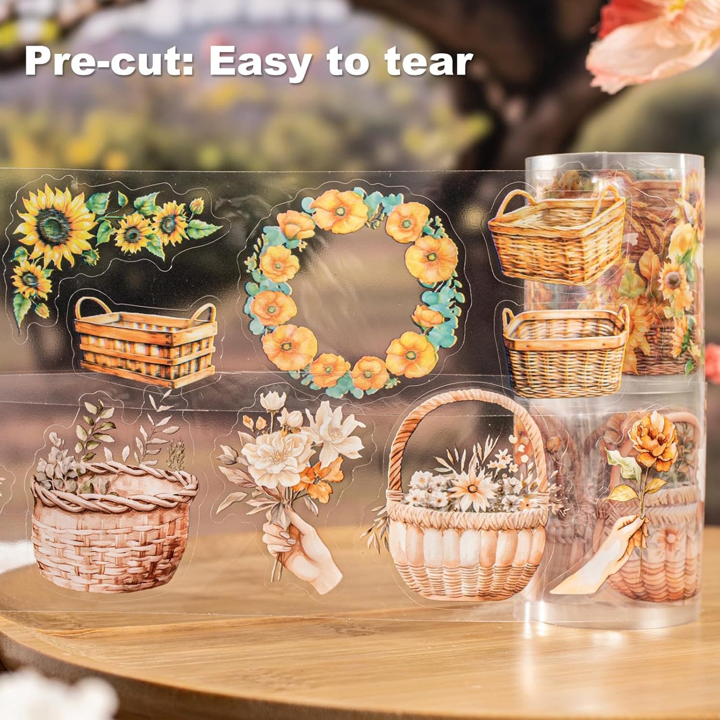 Flower Basket PET Tape Set, 6 Rolls Pre-Cut Vintage Floral Scrapbook Supplies for Journaling, DIY Crafts, and Planners,with Clip