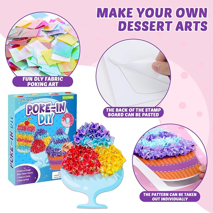 8PCS Poke-in Craft and Art Kit Dessert Cake Theme No-Mess Fabric Sewing Art Puzzle Puncture Painting Ice Cream Donut Toy Gift for Creative Activity Game Birthday Party