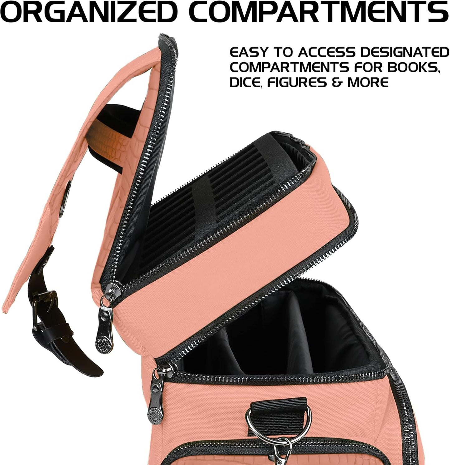 ENHANCE Collector's Edition RPG Adventurer's DnD Bag - Dragon Hide Exterior Travel RPG Bag with Tabletop Miniatures Storage Vault, Mat Holder, DnD Dice & Token Pockets, Fits 4-8 Books (Dragon Pink)