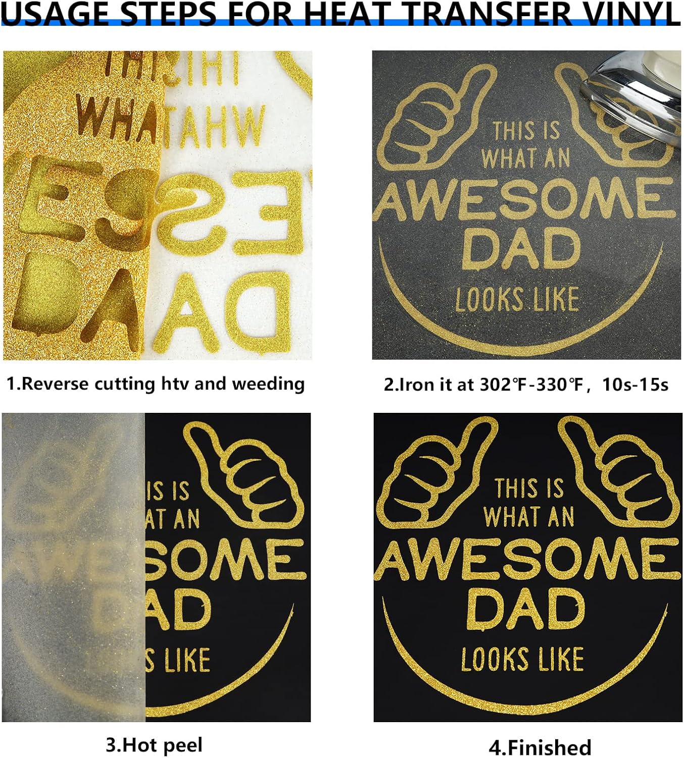 FUNKAKA Glitter Golden HTV Heat Transfer Vinyl Rolls, 12" x 25ft PU Iron on Vinyl for T-Shirt Golden Glitter HTV Vinyl for All Cutter Machines Easy to Cut & Weed for Heat Vinyl Design