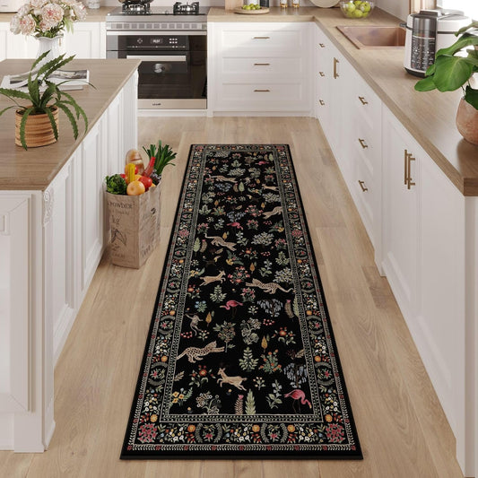 Rugcomf Runner Rug for Kitchen Rug Non Slip 2'x6' Washable Rugs with Rubber Backing Soft Floral Animal Carpet Runner for Kitchen, Laundry, Bedroom, Bathroom (Black)