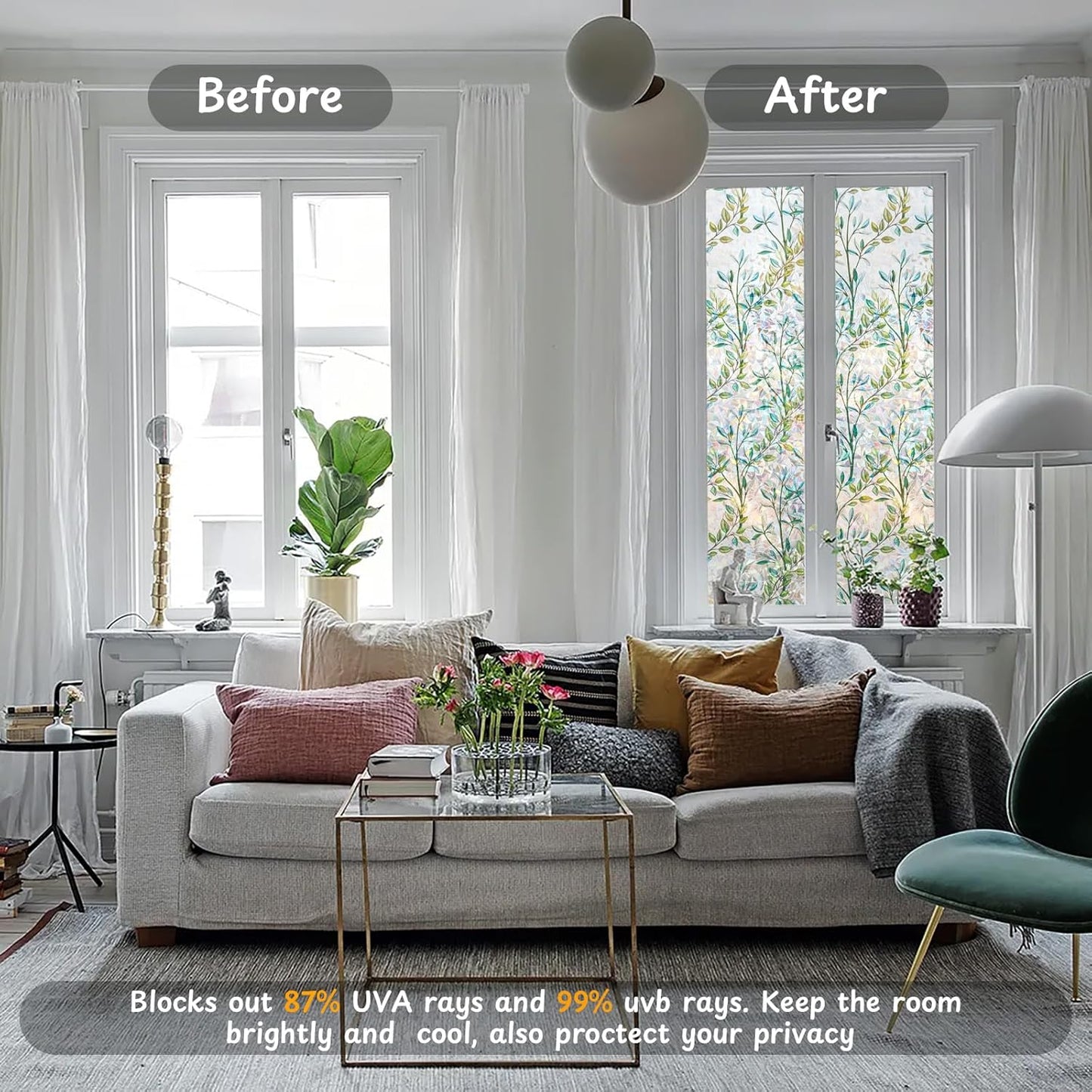 NINETREX Stained Glass Window Film 3D Decorative Cling, Sun Blocking Static Cling Removable Film for Glass Door, Home Decor Window Cover Non-Adhesive 45.2 x 157.4 inches, Leaf