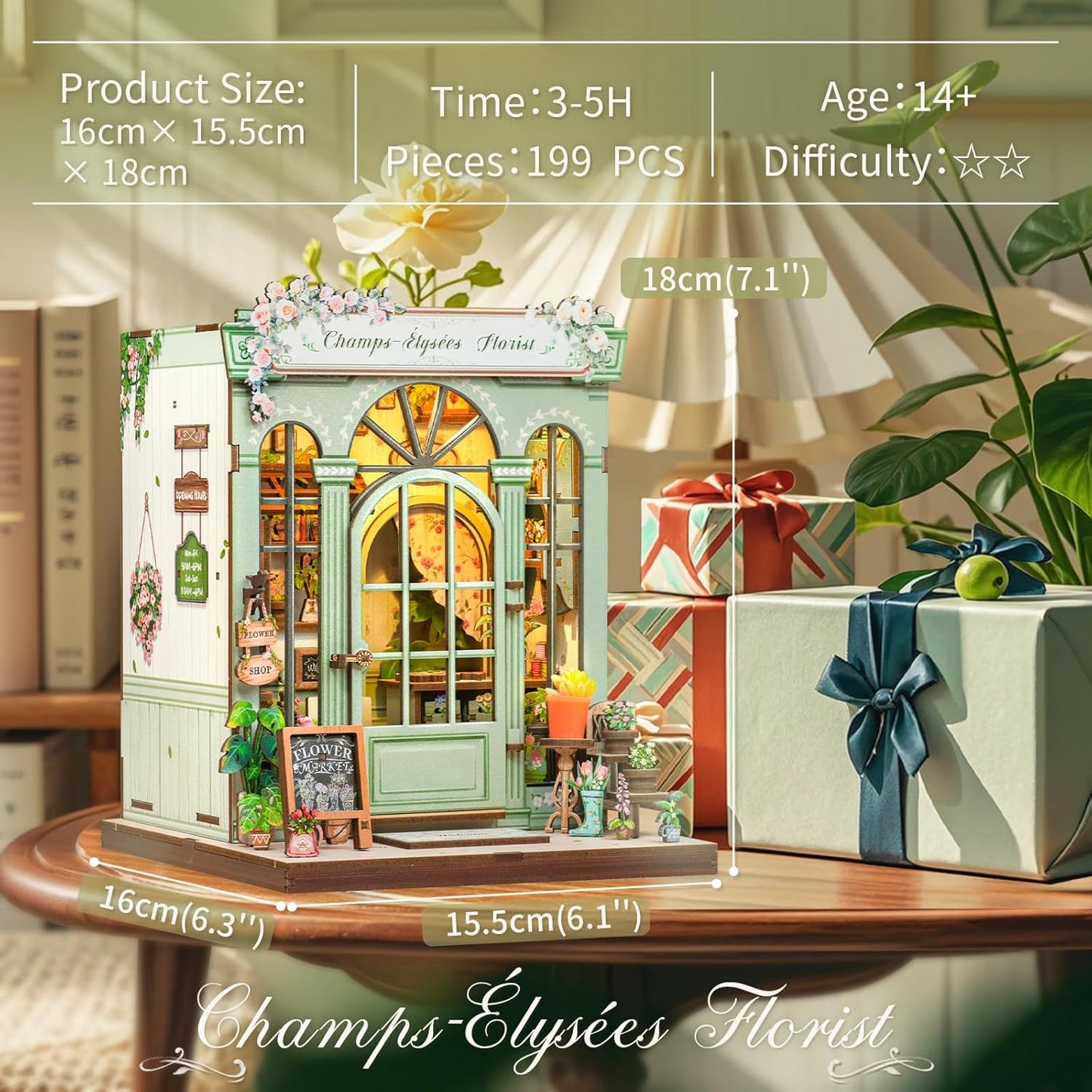 CUTEBEE Book Nook Kit - DIY Miniature House Dollhouse Kit for Adults and Teens, Booknook Tiny House Bookshelf Decor 3D Wooden Puzzle, Gifts for Family, Friends (Champs-Élysées Florist)