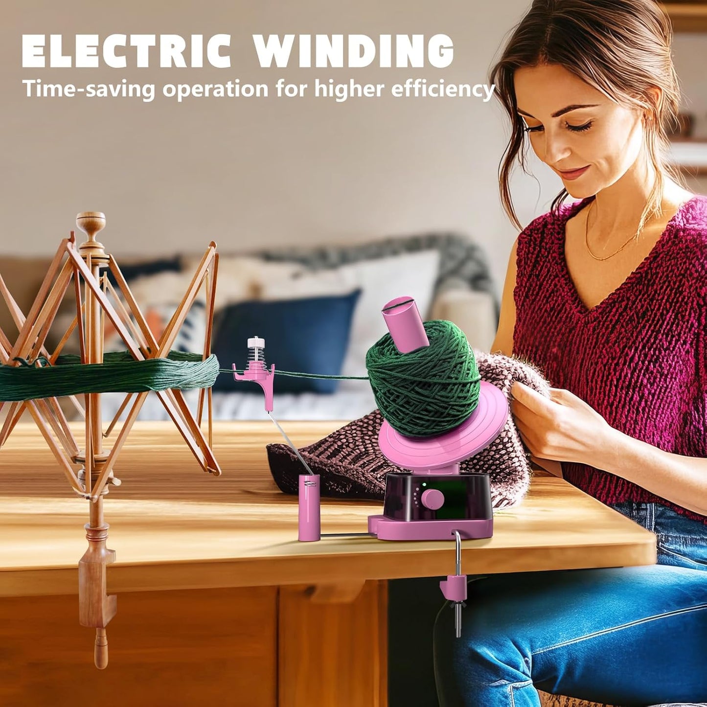 Yarn Winder, Electric Yarn Ball Winder for Crocheting, Efficiently Cake with Strong Tension Adjustable Speed Up to 13 oz, Automatic Spinner Wool for Knitting Enthusiast (Pink)